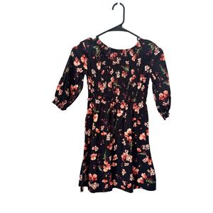 Old Navy Girls Black Floral Smocked Bodice Fit & Flare Dress Medium 8 3/4 Sleeve